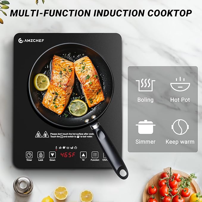 AMZCHEF Portable Induction Cooktop, 20 Temperature & Power Levels, 1800W Induction Stove Burner with 6.8" Heating Coil, Low Noise Hot Plate, Single Electric Cooktops, 120°F to 465°F, 4 Hour Timer