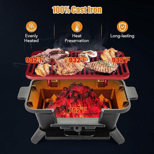 Hibachi Grill, Portable Cast Iron Charcoal Grill with Air Regulating Door & Fire Gate, Grate Lifter, Small Tabletop Japanese Yakitori Grill for Outdoor Camping, Picnic, Party (Rectangle)