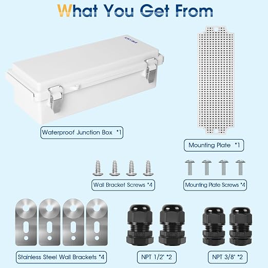 Waterproof Outdoor Project ABS Plastic Junction Box IP67 Weatherproof Dustproof Enclosure with Hinged Cover, Mounting Plate,Wall Brackets for Power Project (10.2"x4.3"x3.0")