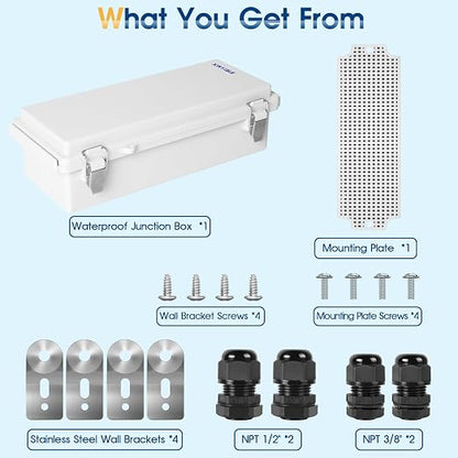 Waterproof Outdoor Project ABS Plastic Junction Box IP67 Weatherproof Dustproof Enclosure with Hinged Cover, Mounting Plate,Wall Brackets for Power Project (10.2"x4.3"x3.0")