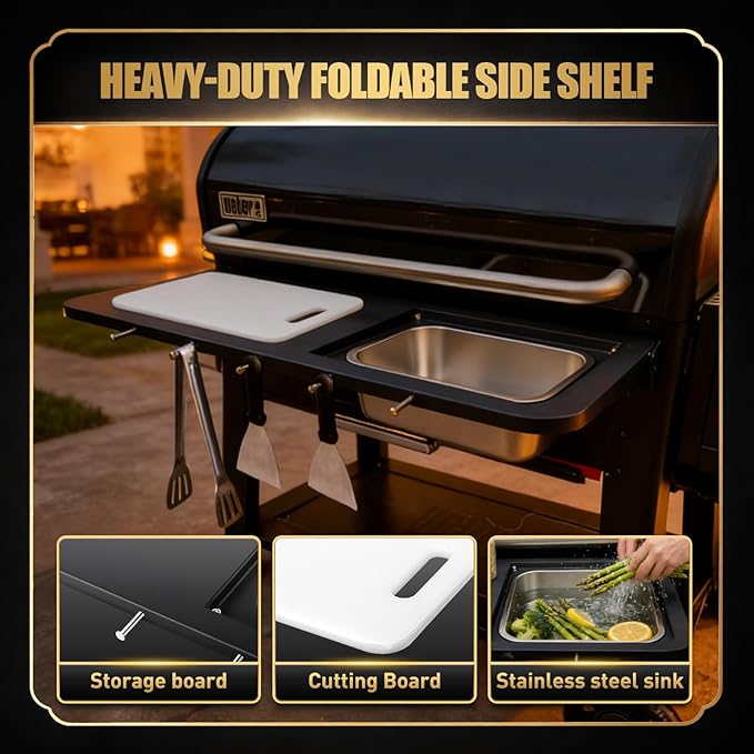 QuliMetal Folding Front Shelf for Weber Searwood XL 600, 35" x 12.5" Grill Prep Table with Stainless Steel Basin, Cutting Board, Lid and 5 Hooks, Heavy-Duty Front Grill Table Accessory
