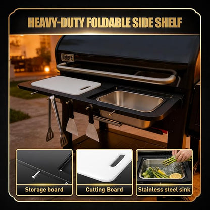 QuliMetal Folding Front Shelf for Weber Searwood XL 600, 35" x 12.5" Grill Prep Table with Stainless Steel Basin, Cutting Board, Lid and 5 Hooks, Heavy-Duty Front Grill Table Accessory
