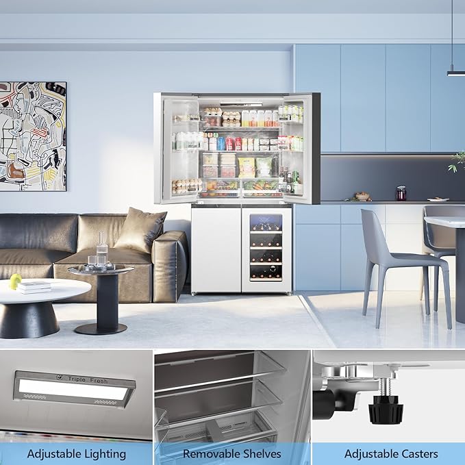 Electactic 21.36 Cu.Ft French Door Refrigerators with Bottom Freezer, Wine Cabinet, Adjustable Shelving, Counter Depth Smart Refrigerator with Touchscreen for Kitchen Home
