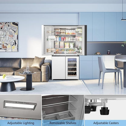 Electactic 21.36 Cu.Ft French Door Refrigerators with Bottom Freezer, Wine Cabinet, Adjustable Shelving, Counter Depth Smart Refrigerator with Touchscreen for Kitchen Home
