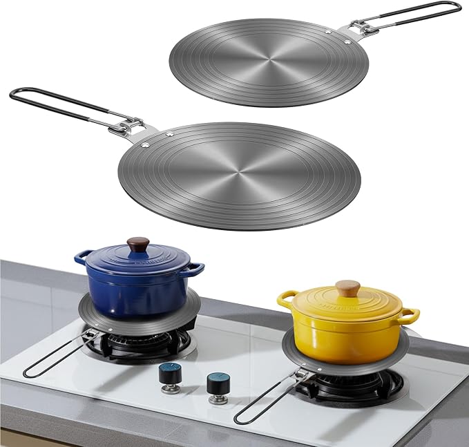 2-Pack Heat Diffuser for Gas Stove with Foldable Handle, 9.5" & 11" Gas Stove Diffuser Plate for Even Heating, Aluminum Simmer Plate for Electric Stoves, Defrosting Tray, Flame Guard