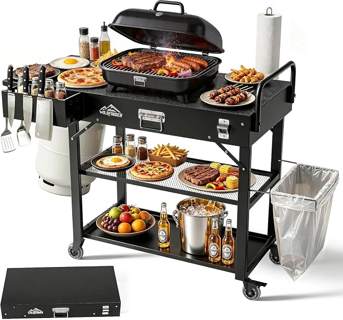 Grill Cart for Blackstone Griddle, Outdoor Grill Table Foldable for Ninja | Folding Pizza Oven Stand Grill Stand Fit 17 or 22 Inch Tabletop Griddle, Portable BBQ Prep Station with Tool Hooks & Wheels