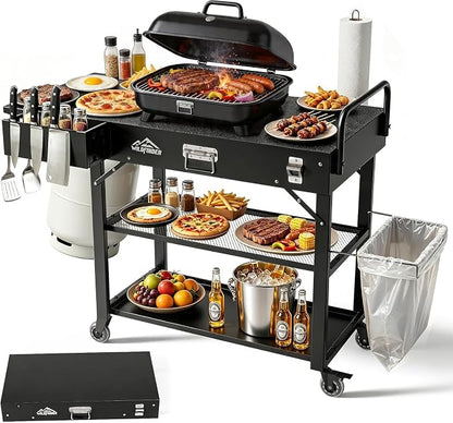 Grill Cart for Blackstone Griddle, Outdoor Grill Table Foldable for Ninja | Folding Pizza Oven Stand Grill Stand Fit 17 or 22 Inch Tabletop Griddle, Portable BBQ Prep Station with Tool Hooks & Wheels