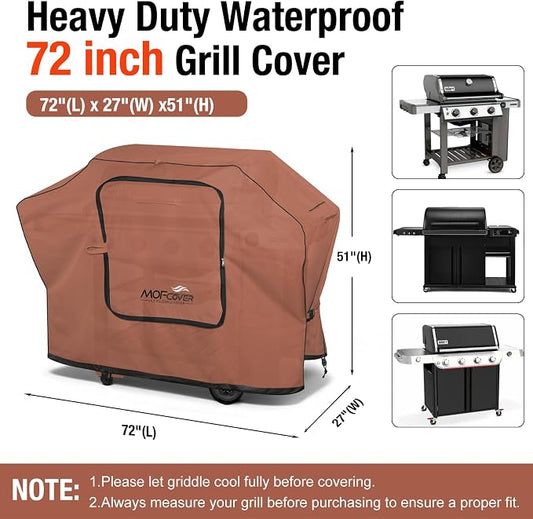 Exclusive Foldable 72 inch Grill Cover, 600D Heavy Duty Large Outdoor BBQ Cover for 6 Burners Grill Weber Nexgrill CharBroil Monument, Caramel