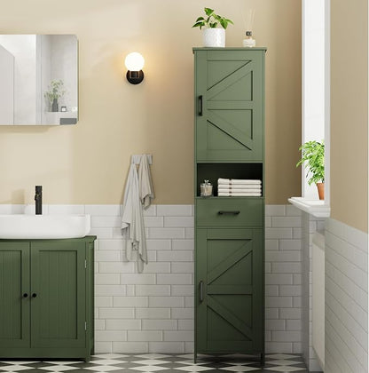 Homhedy 67" H Tall Bathroom Storage Cabinet with Barn Doors and Drawer | Narrow Storage Unit with Adjustable Shelves, Floor Cabinet for Bathroom, Living Room, Entryway or Kitchen, Green, 15.7" W