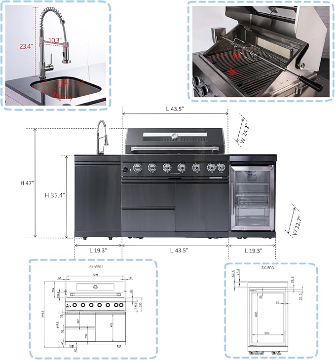 Outdoor Kitchen Island, 82 Inch 6 Burner Propane Gas Grill Combination With Refrigerator and Sink, Outdoor Stainless Steel Barbecue Bar, 85000 BTU Propane Grill for Patios, Gardens, Parties
