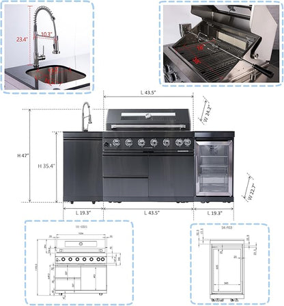 Outdoor Kitchen Island, 82 Inch 85000 BTU Gas Grill Combination With Refrigerator and Sink, Outdoor Stainless Steel Barbecue Bar, Natural Gas Barbecue Grill for Patios, Gardens, Parties
