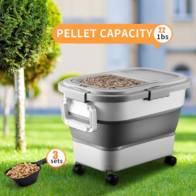 Maxdot 3 Sets 22lb Airtight Wood Pellet Storage Container Bin Kit with Clear Window, Locking Lid, Collapsible Design with Rolling Wheels, Pellet Bucket Includes Scoops Labels for Grill, Smoker