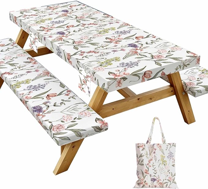 Fitted Picnic Table Cover with Bench Covers Elastic Waterproof Oil-Proof VintageTablecloths for 6 Foot Rectangle Tables Dining Outdoor Patio Camping Essentials