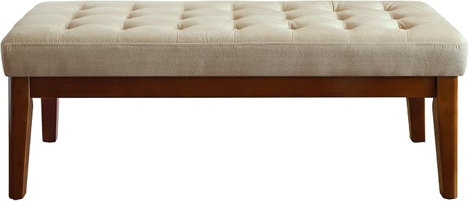 Elle Decor Claire Button Tufted Upholstered Bedroom Bench, Modern Fabric Padded Ottoman with Wooden Legs, Beige