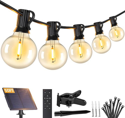 Brightever 50FT Solar String Lights Outdoor with Remote, 18+1 LED Shatterproof G40 Bulbs, 3 Lighting Modes & Timable, Waterproof Dimmable Solar Power Patio Lights for Camping, Backyard, Party