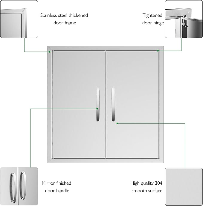 Outdoor Kitchen Doors 28W x 23H Inch, Double BBQ Access Doors 304 Stainless Steel Doors for Outdoor Kitchen Cabinet Grill Station or BBQ Island