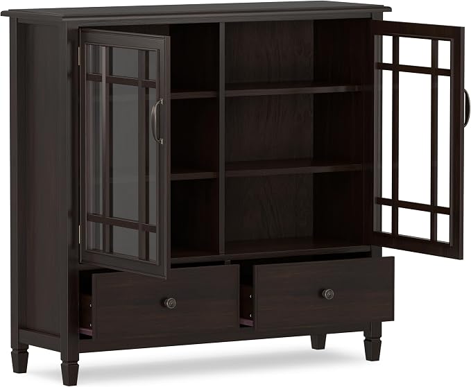 SIMPLIHOME Connaught 46" Solid Wood Tall Cabinet in Dark Chestnut Brown | Traditional tall console cabinet with glass doors, adjustable shelves and drawers for living or dining room storage.