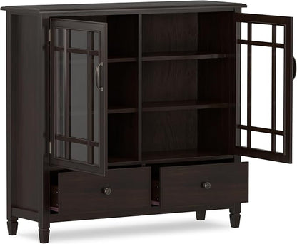 SIMPLIHOME Connaught 46" Solid Wood Tall Cabinet in Dark Chestnut Brown | Traditional tall console cabinet with glass doors, adjustable shelves and drawers for living or dining room storage.