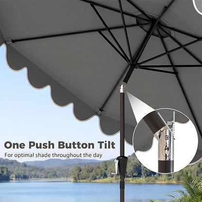 Tangkula 10 FT Patio Umbrella with Base Included, 2-Tiers Outdoor Scalloped Table Umbrella with 2 Sandbags, Tilt Adjustment, Crank, 8 Ribs for Market Backyard Pool Deck Beach Lawn
