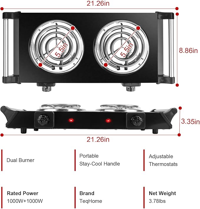 2000W Hot Plate,Portable Electric Stove Countertop Double Coil Burners W/5 Level Temperature Control & Stay Cool Handles, Easy to Clean, Lightweight Cast Iron Electric Stove for RV/Home/Camp 110V