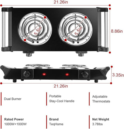 2000W Hot Plate,Portable Electric Stove Countertop Double Coil Burners W/5 Level Temperature Control & Stay Cool Handles, Easy to Clean, Lightweight Cast Iron Electric Stove for RV/Home/Camp 110V