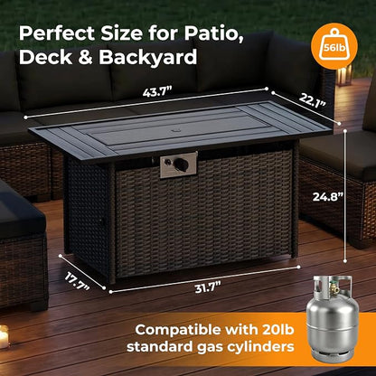 LAFWELL 8-Piece Wicker Patio Conversation Set with 44" Propane Fire Pit Table, Cozy Outdoor Sectional Sofa for Backyard Gatherings, Poolside Lounging & Garden Parties
