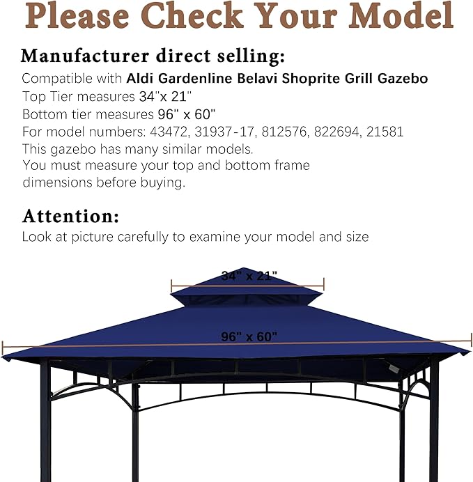 SCOCANOPY Grill Gazebo Replacement Top Compatible with Aldi Gardenline Belavi Shoprite Grill Gazebo,for Model Number: 822694,31937-17,21581,43472,812576(Navy Blue)