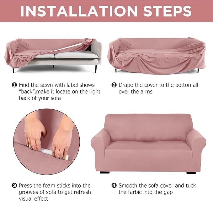 Peryiter 2 Pcs Couch and Loveseat Sofa Covers,Light Pink,Milk Silk | Armchair Covers for Living Room, Sofa Cushion Slipcover 2/3 Seater, Furniture Protector, Polyester and Spandex, Washable