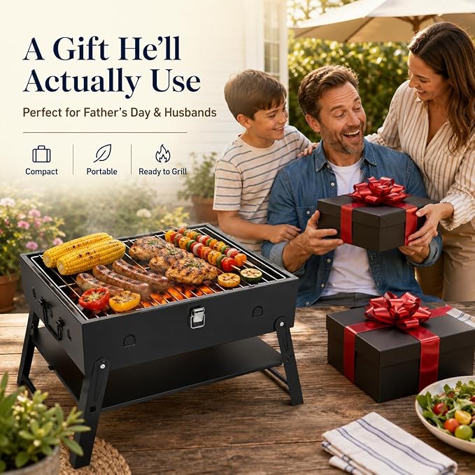 Portable BBQ Charcoal Camping Grill: Tabletop Folding Barbecue Grills with Fire Starter Kit and BBQ Grilling Tool Set, Fathers Day Birthday Grilling Gift for Men Dad Husband
