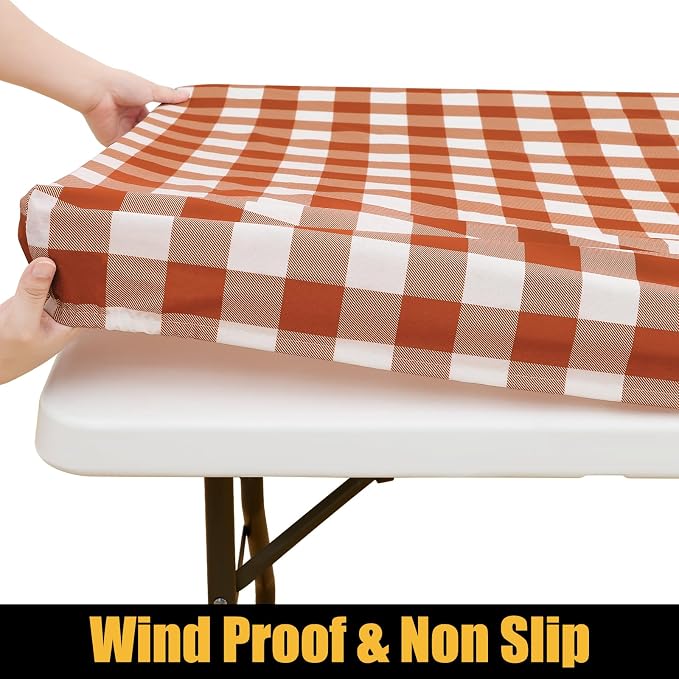 Smiry Rectangle Picnic Table Cloth, Elastic Waterproof Fitted Vinyl Tablecloths, Flannel Backed Buffalo Plaid Table Covers for Dining, Camping, Outdoor, Thanksgiving (White and Rust, 30" x 72")