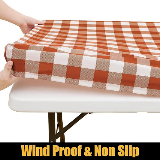 Smiry Rectangle Picnic Table Cloth, Elastic Waterproof Fitted Vinyl Tablecloths, Flannel Backed Buffalo Plaid Table Covers for Dining, Camping, Outdoor, Thanksgiving (White and Rust, 30" x 72")