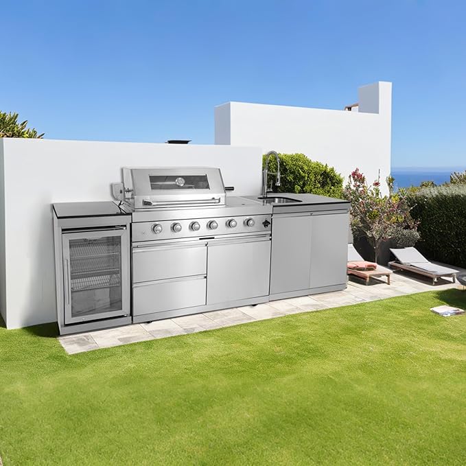 98" Outdoor Kitchen Island with Grill, Sink & Beverage Fridge, 72,000 BTU BBQ Grill Station for Backyard Entertaining, 304 Stainless Steel Patio Cooking Island with Rotisserie & Storage,Silver