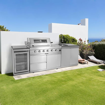 98" Outdoor Kitchen Island with Grill, Sink & Beverage Fridge, 72,000 BTU BBQ Grill Station for Backyard Entertaining, 304 Stainless Steel Patio Cooking Island with Rotisserie & Storage,Silver