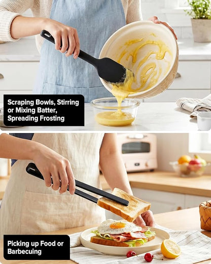 Silicone Kitchen Utensils Set, Heat Resistant Cooking Utensil with Spoon, Scraper, Spatula, Basting Brush & Tongs, BPA-free Non-stick Cookware for Frying, Basting, Serving, Grilling (6 Pack) (BLACK)