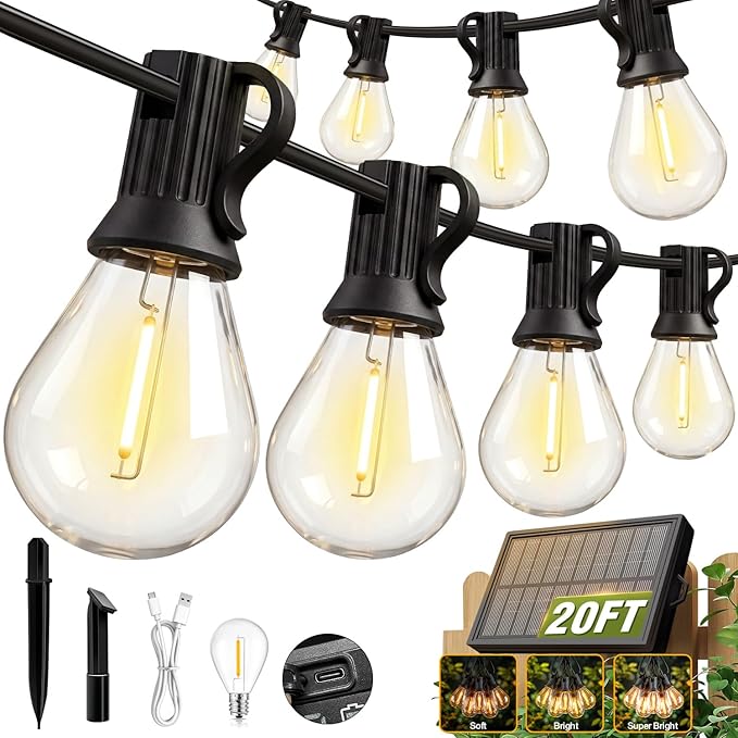 20FT Solar String Lights Outdoor Waterproof IP65, Shatterproof with LED Bulbs Long Last for 20+Hrs,USB & Solar Powered Patio Lights for Backyard, Porch, Garden, Wedding, Christmas,Party Decor