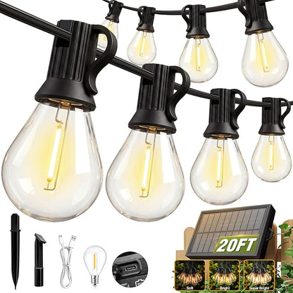 20FT Solar String Lights Outdoor Waterproof IP65, Shatterproof with LED Bulbs Long Last for 20+Hrs,USB & Solar Powered Patio Lights for Backyard, Porch, Garden, Wedding, Christmas,Party Decor