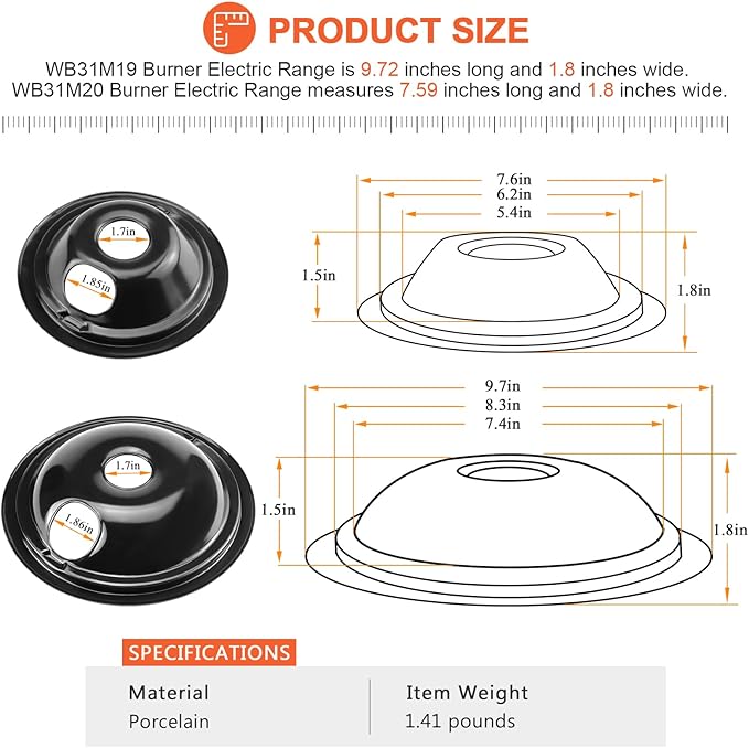 WB31M19 WB31M20 Porcelain Drip Pan Bowls - Includes 1 Pack 8-Inch WB31M19 and 3 Pack 6-Inch WB31M20 - Replacement for Ken-more GE Hotpoint Burner Electric Range