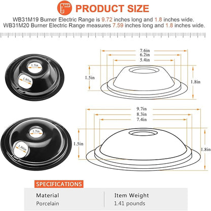 WB31M19 WB31M20 Porcelain Drip Pan Bowls - Includes 1 Pack 8-Inch WB31M19 and 3 Pack 6-Inch WB31M20 - Replacement for Ken-more GE Hotpoint Burner Electric Range