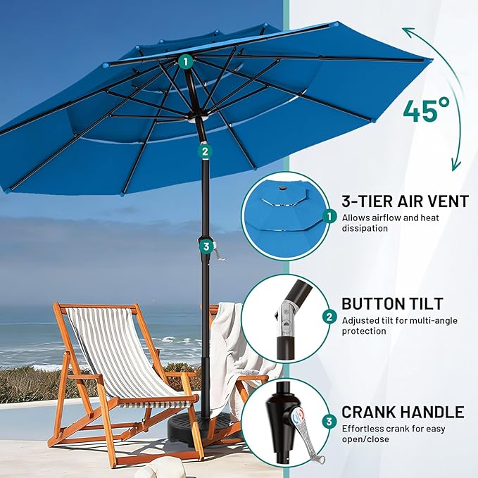 AreShark 9ft 3-Tier Patio Umbrellas, Outdoor Umbrella with 8 Sturdy Ribs UV Protection Windproof, Market Table Umbrella w/Push Button Tilt & Crank for Pool, Porch, Deck, Garden(Royal Blue)
