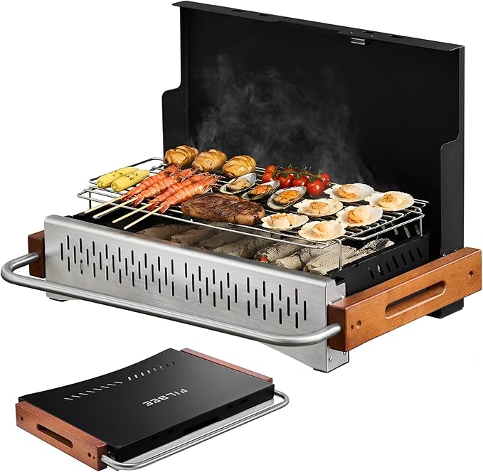 Portable Charcoal Grill and Pots & Pans Cookware Bundle - Compact Outdoor Cooking Set for Camping, Picnics, and Tailgating