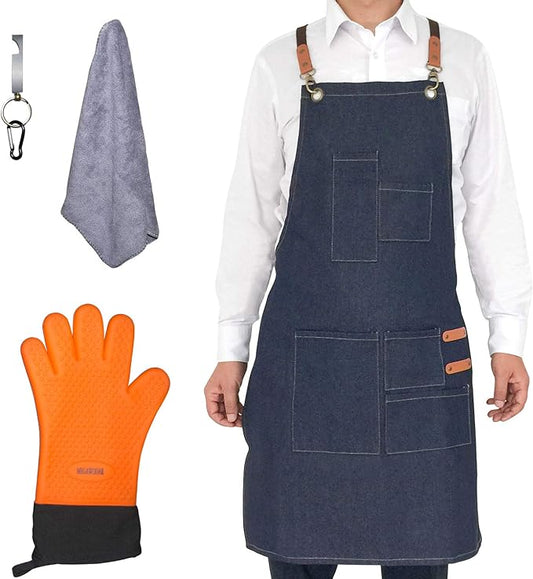 Grilling Apron Set Include 1 BBQ Glove, 1 Bottle Opener, 1 Towel and 1 Denim Apron for Chef Kitchen BBQ Grill, Nice Fathers Day or Dad Birthdays Gifts