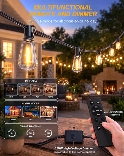 Outdoor String Lights 80FT, 50+4 Shatterproof Bulbs ST38, 1.5FT Spacing, IP65 Waterproof | Dimmable with Remote, Heavy-Duty, Include Screw & Zip Ties for Patio Backyard Holiday Outside