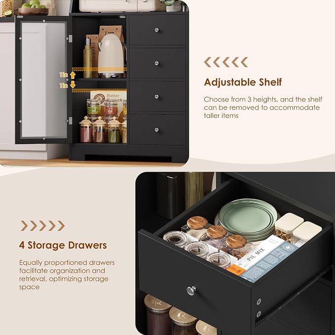 BOTLOG 64'' Kitchen Pantry Storage Cabinet, Tall Kitchen Storage Cabinet with Microwave Stand, Hutch Cabinet with Adjustable Shelves, for Dining Room, Black | Save Space, Frosted Glass Door, Hutch Cabinet with Adjustable Shelves, for Dining Room (Black)