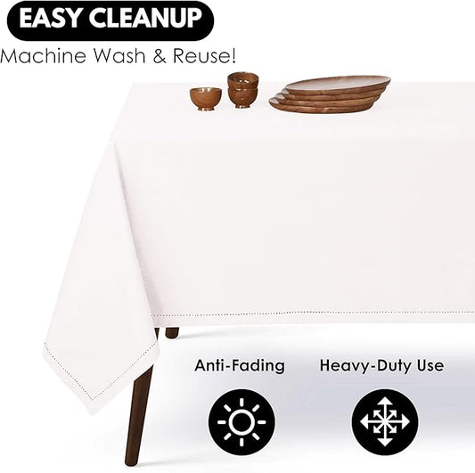 Rectangle Table Cloths 52 Inch x 70 Inch 100% Cotton Decorative Washable Rustic Tablecloth Cover for Gifts, Buffet, Dining, Kitchen & Camping - White