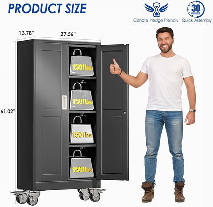 GAIOUS Metal Garage Storage Cabinet with Lock, 61” Tall Lockable File Cabinet with Wheels, Steel Tool Cabinet with 2 Door and 3 Adjustable Shelves, Rolling Cabinet for Home Office Garage Gym - Black