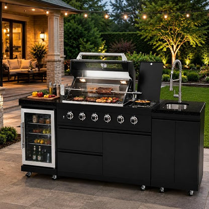 98-Inch Outdoor Kitchen Grill Island, 6-Burner 72,000 BTU Propane Gas BBQ Grill with Refrigerator, Rotisserie Kit, Stainless Steel Countertops, Storage Cabinets & Drawers, Black
