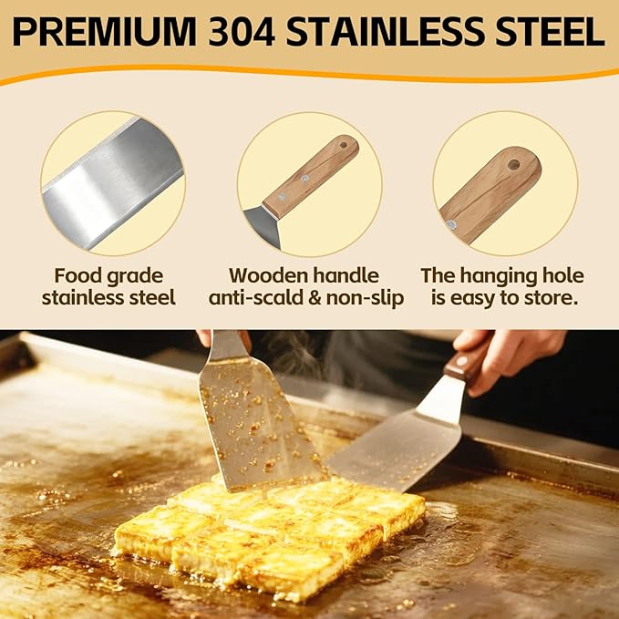 Commercial Griddle Tools Set – Stainless Steel Grill Spatula, Scraper & Dough Cutter for Flat Top Grill, Outdoor BBQ & Kitchen Griddle