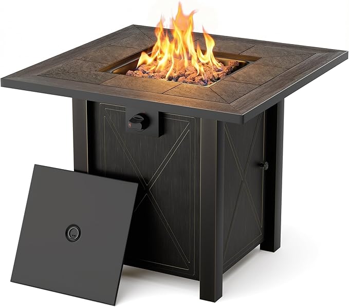 HOTEAGLE 30" Propane Fire Pit with Premium Ceramic Tabletop, 50000 BTU Powerful Gas Firepit Table - Includes Lid and Lava Rocks, Ideal Outdoor Fire Pit for Dining, Party in Patio, Garden, Yard