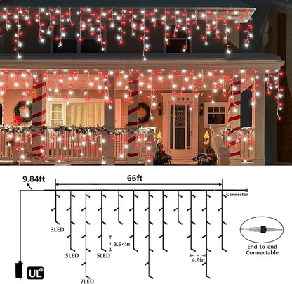 QITONG Red and White Icicle Lights for Outside, 66ft 800 LED String Light with 8 Modes, Clear Wire Connectable Icicle Christmas Lights Indoor Plug in