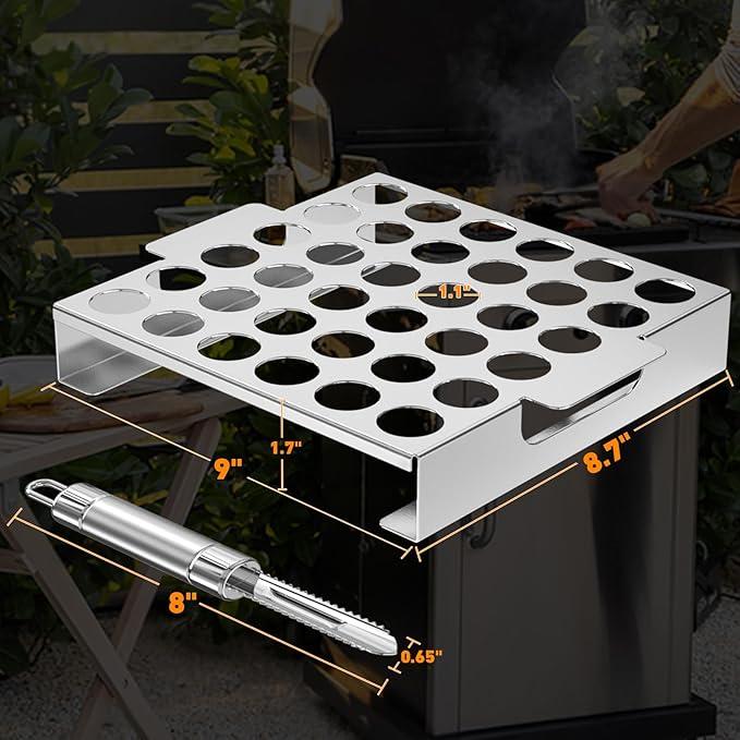 Skyflame Jalapeno Grill Rack with Handle and Chili Pepper Corer Tool - Large 36 Holes Capacity Stainless Steel Drumstick Chicken Legs Roaster for BBQ Smoker and Oven